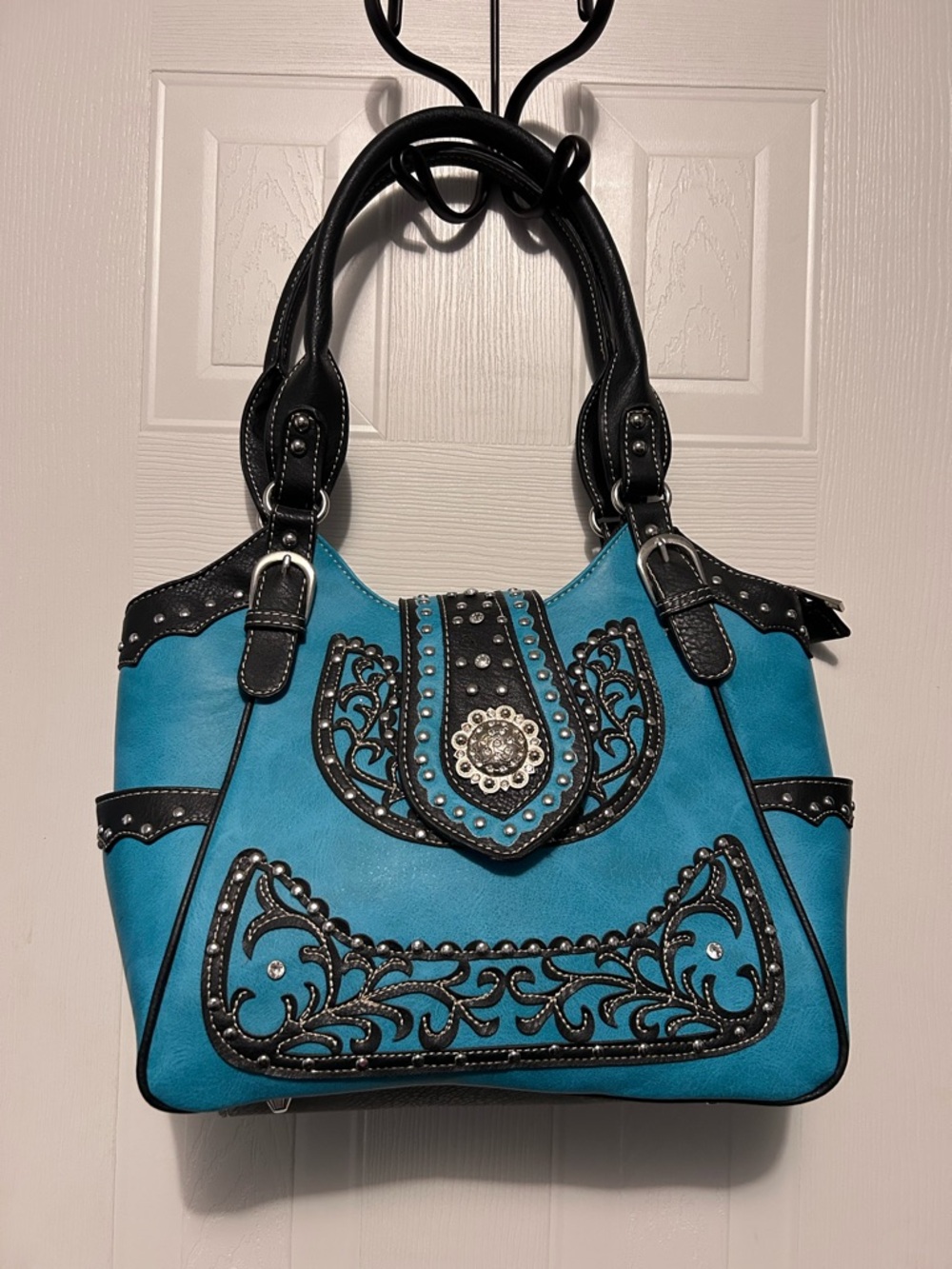 Blue and Black Western Shoulder Bag with Silver Accents